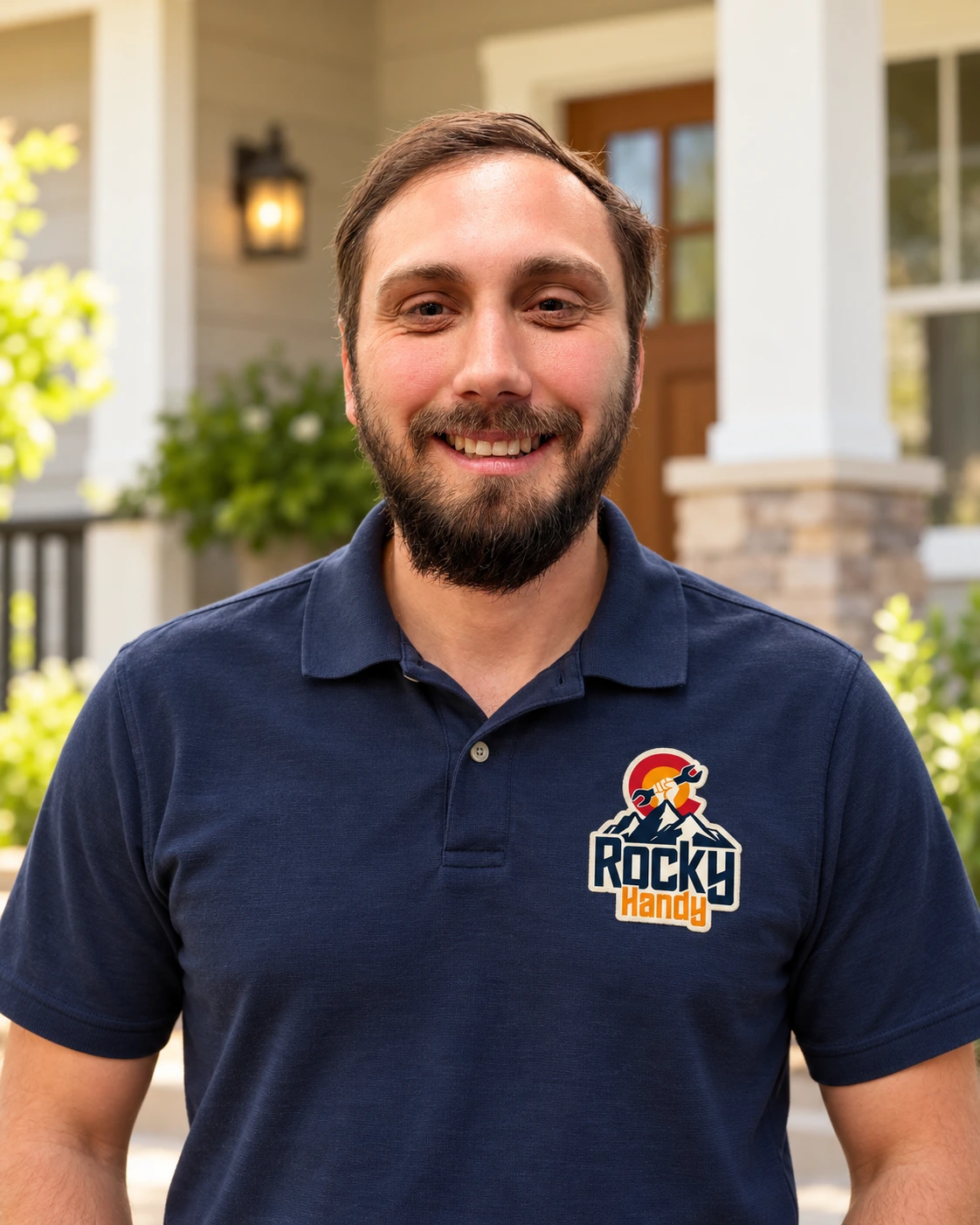 Vitaly wearing a navy Rocky Handy work polo in front of a welcoming home